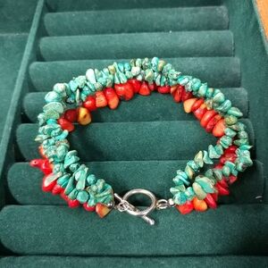 Turquoise Chip & Coral Bracelet 3 Strand 925 Sterling Silver 8" Long